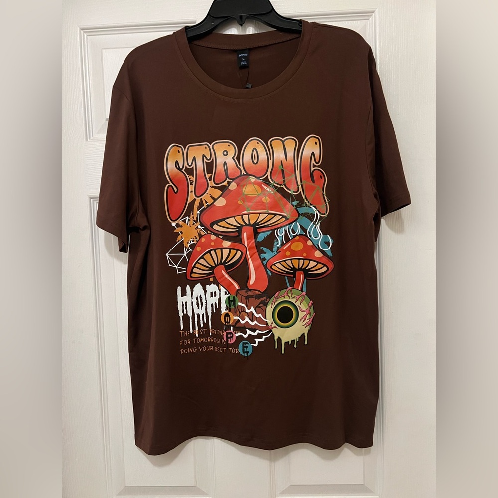 Brown Graphic T-Shirt with Mushroom Design
